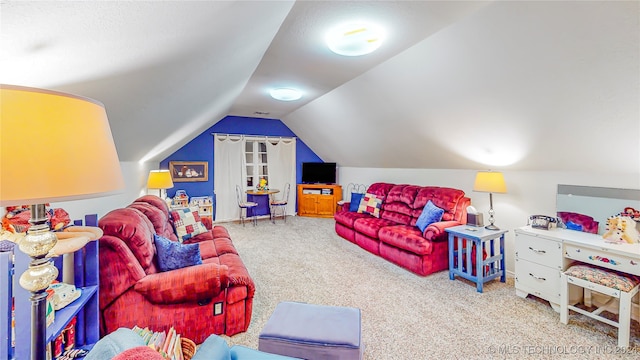 carpeted living room with lofted ceiling