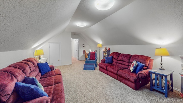 living room featuring lofted ceiling, carpet floors, and a textured ceiling