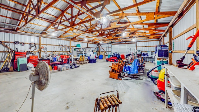 garage with a workshop area