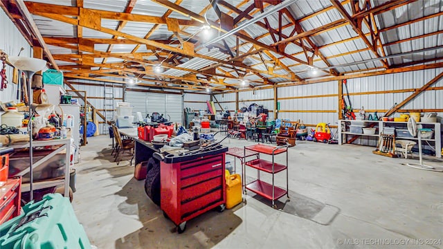 garage with a workshop area