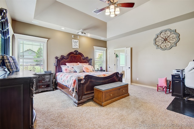 carpeted bedroom with a tray ceiling, multiple windows, and ceiling fan