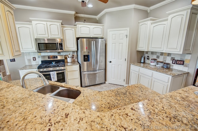 kitchen with sink, crown molding, ceiling fan, light stone counters, and stainless steel appliances