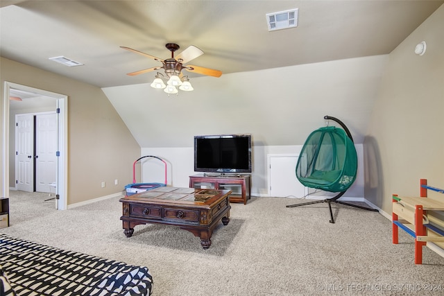 recreation room with carpet flooring, ceiling fan, and lofted ceiling