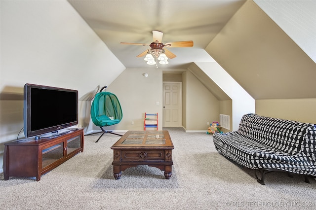 living room featuring light carpet, ceiling fan, and lofted ceiling