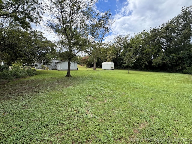 view of yard featuring a storage unit