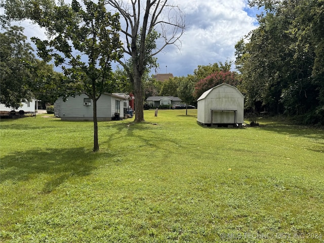 view of yard featuring a storage unit