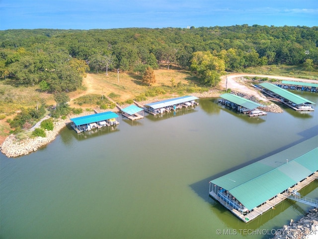 aerial view with a forest view and a water view