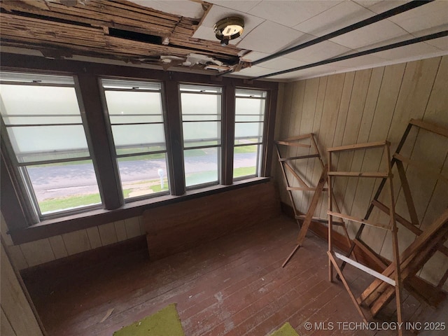 empty room featuring a healthy amount of sunlight, wooden walls, and hardwood / wood-style flooring