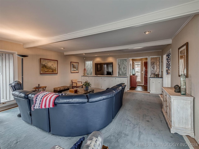 living room with beamed ceiling, carpet, and ornamental molding