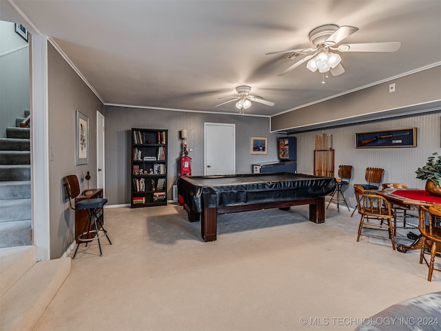 playroom featuring billiards, light colored carpet, ceiling fan, and ornamental molding