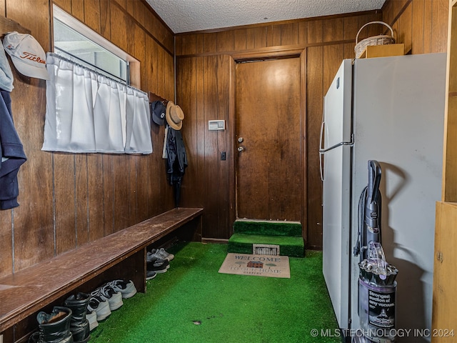 mudroom with carpet flooring, wooden walls, golf simulator, and a textured ceiling