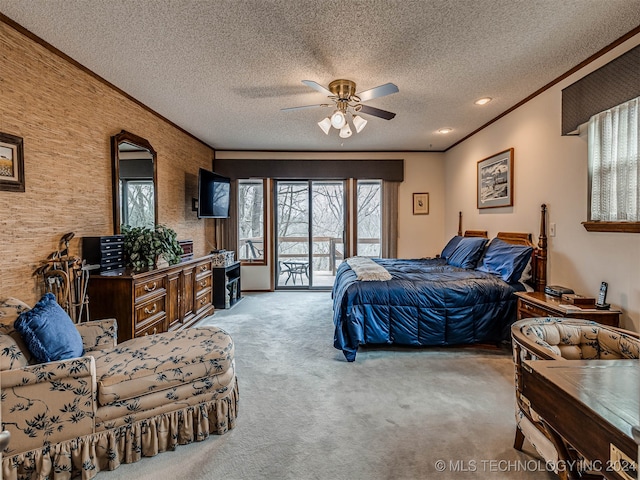 bedroom with crown molding, light colored carpet, access to exterior, ceiling fan, and a textured ceiling