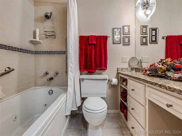 full bathroom with tile patterned floors, shower / bathtub combination with curtain, toilet, and vanity