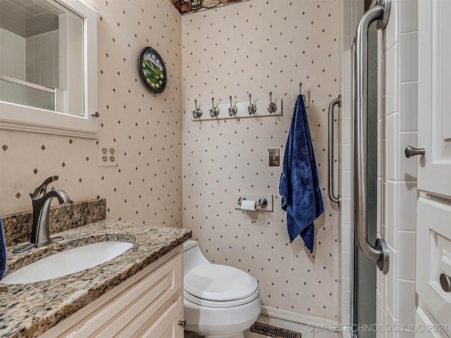 full bathroom with visible vents, wallpapered walls, toilet, and a stall shower