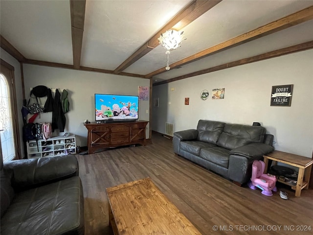 living room with visible vents, beamed ceiling, and wood finished floors