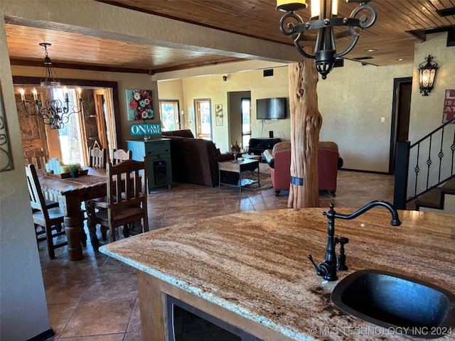 kitchen with hanging light fixtures, an inviting chandelier, sink, and wooden ceiling