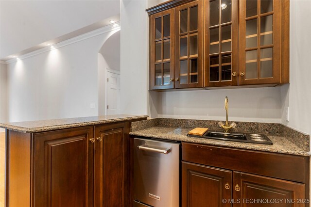 kitchen featuring stone counters, dishwasher, sink, kitchen peninsula, and crown molding