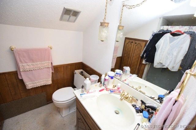 bathroom with a textured ceiling, vanity, toilet, and lofted ceiling