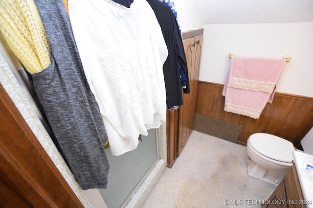 bathroom with vanity, toilet, wooden walls, and a textured ceiling