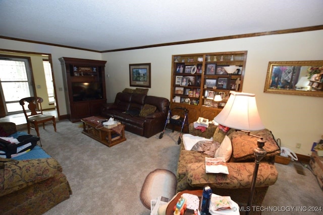 living room with crown molding and carpet