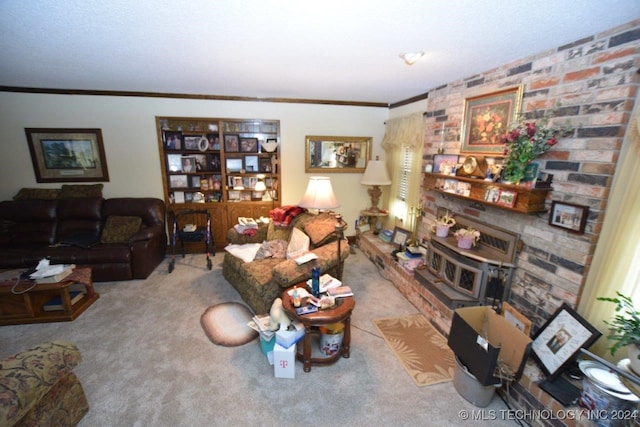 carpeted living room with crown molding and a brick fireplace