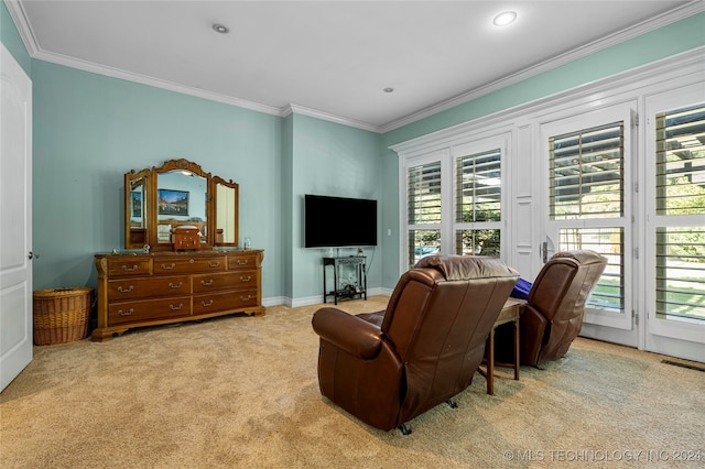 carpeted living room with ornamental molding