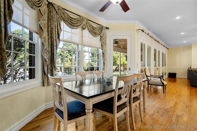 dining room featuring ceiling fan, wood-type flooring, and ornamental molding