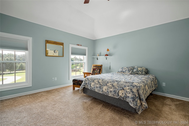 bedroom featuring lofted ceiling, carpet, and ceiling fan