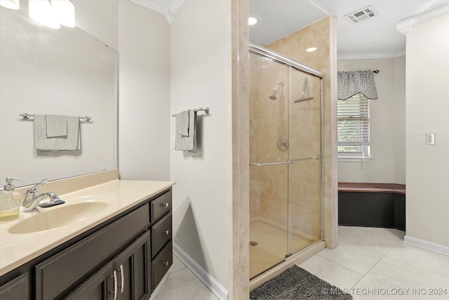 bathroom with an enclosed shower, ornamental molding, and vanity