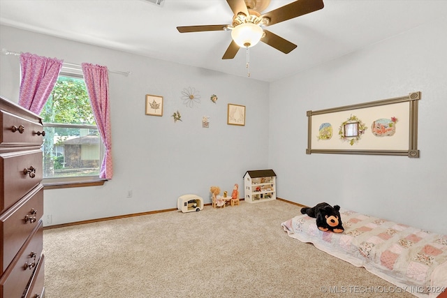 rec room with light colored carpet and ceiling fan