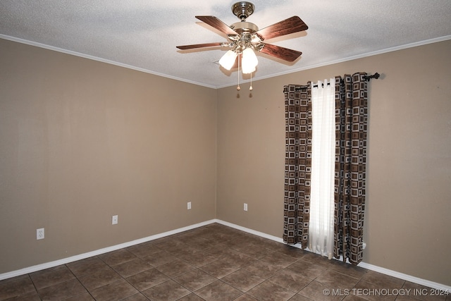 tiled empty room featuring ceiling fan, crown molding, and a textured ceiling