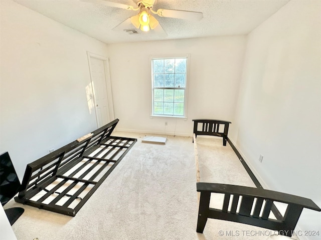 interior space featuring a textured ceiling, ceiling fan, and carpet