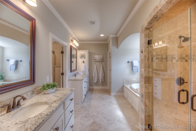 bathroom with tile patterned flooring, vanity, crown molding, and independent shower and bath