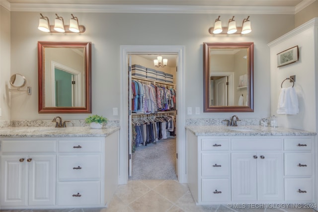 bathroom with vanity, tile patterned floors, and ornamental molding