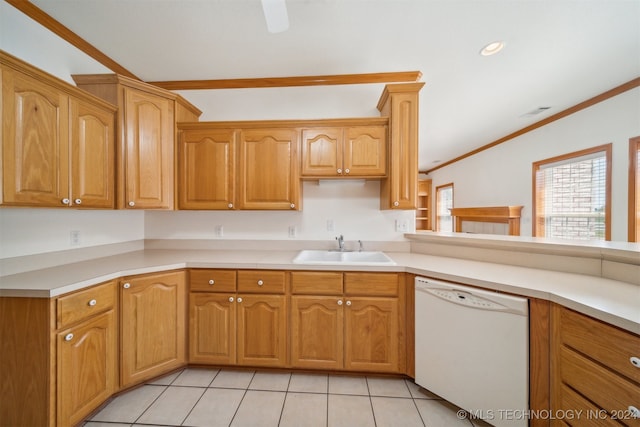 kitchen with crown molding, light tile patterned flooring, sink, and white dishwasher