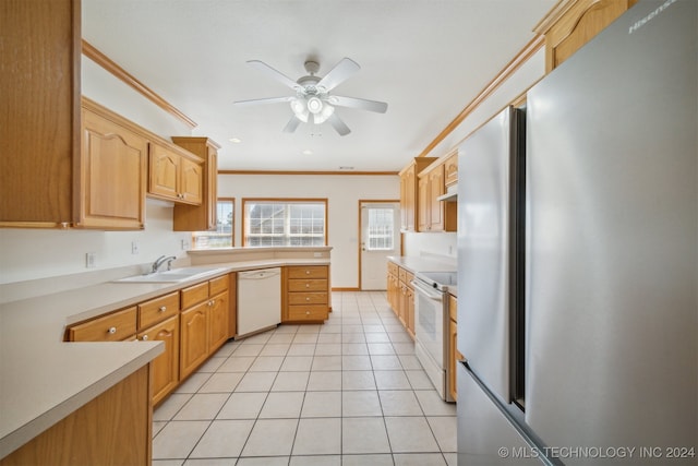 kitchen with ceiling fan, light tile patterned flooring, sink, ornamental molding, and white appliances