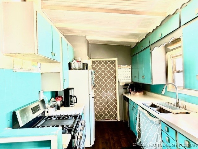 kitchen with stainless steel appliances, dark hardwood / wood-style flooring, and sink