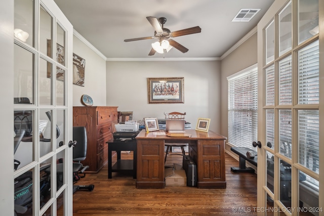 office space featuring ceiling fan, ornamental molding, and dark wood-type flooring