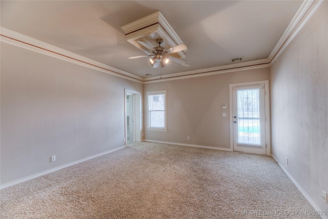 unfurnished room featuring crown molding, visible vents, a wealth of natural light, and ceiling fan