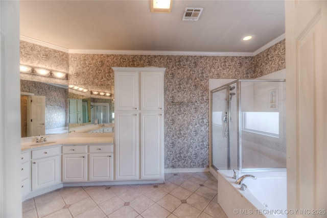 bathroom featuring visible vents, a stall shower, ornamental molding, wallpapered walls, and double vanity