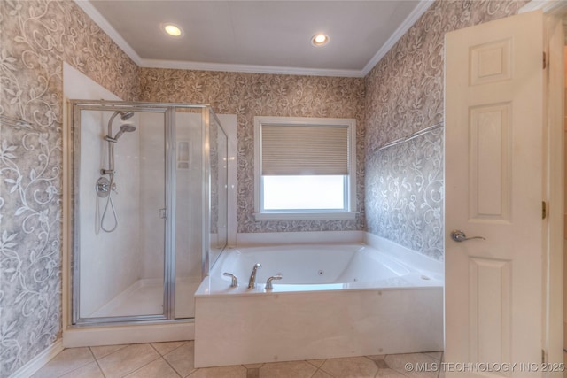 full bath with a bath, a stall shower, tile patterned flooring, and wallpapered walls