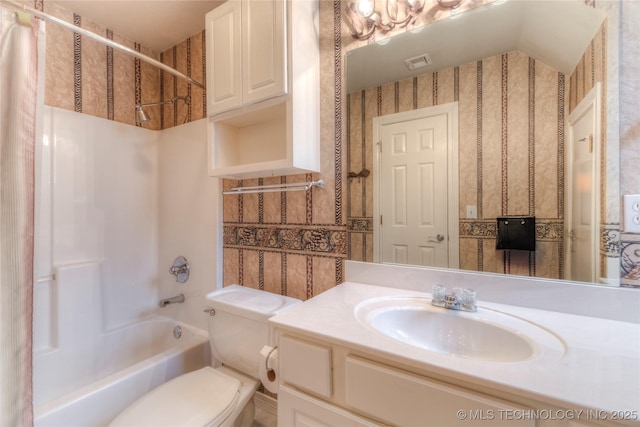 bathroom with visible vents, tub / shower combination, wallpapered walls, toilet, and vanity