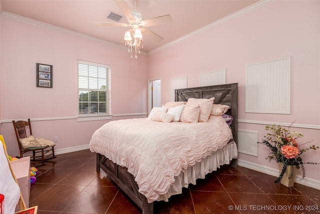 tiled bedroom with ceiling fan and ornamental molding