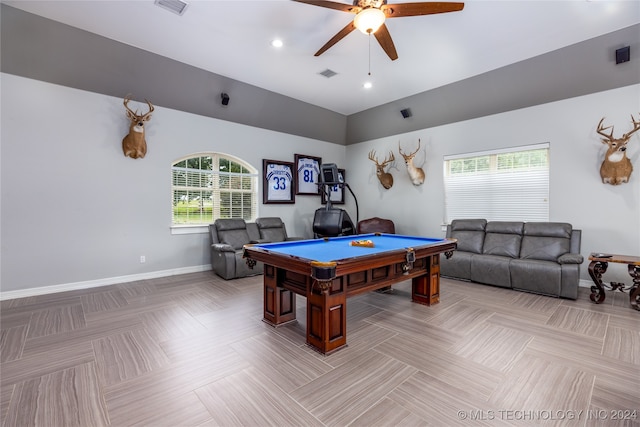 playroom featuring billiards and ceiling fan