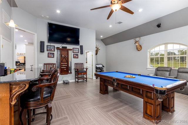 recreation room with billiards, vaulted ceiling, and ceiling fan