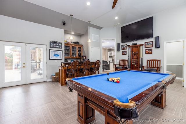 recreation room featuring french doors, billiards, bar area, and ceiling fan