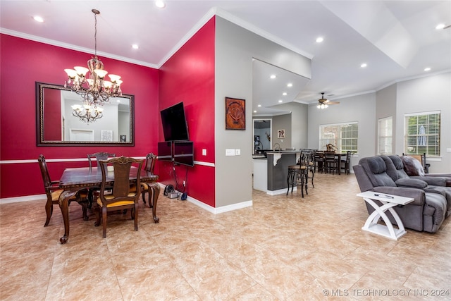 dining area featuring recessed lighting, ornamental molding, baseboards, and ceiling fan with notable chandelier