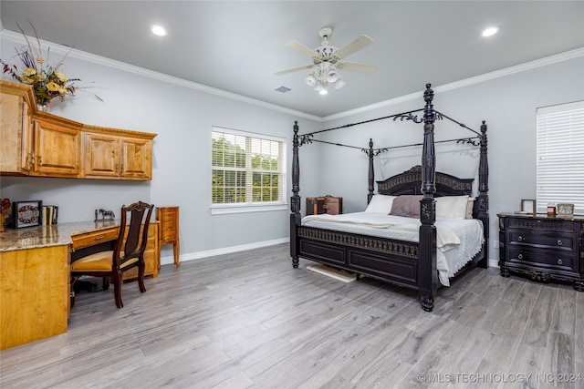 bedroom with light wood-type flooring, crown molding, and ceiling fan