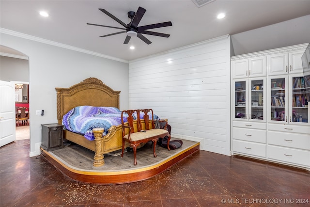 bedroom featuring ceiling fan and ornamental molding