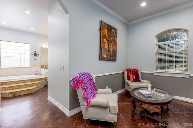 living area with ornamental molding